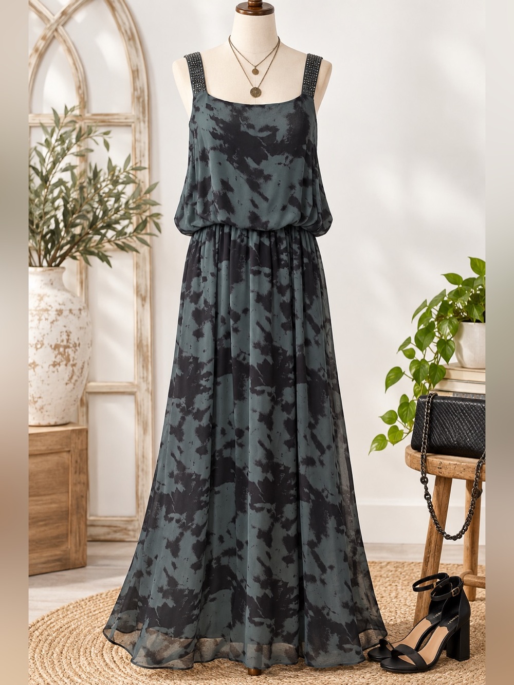 Zara Black & Gray Tie Dye Rhinestone Strap Maxi Dress Size L